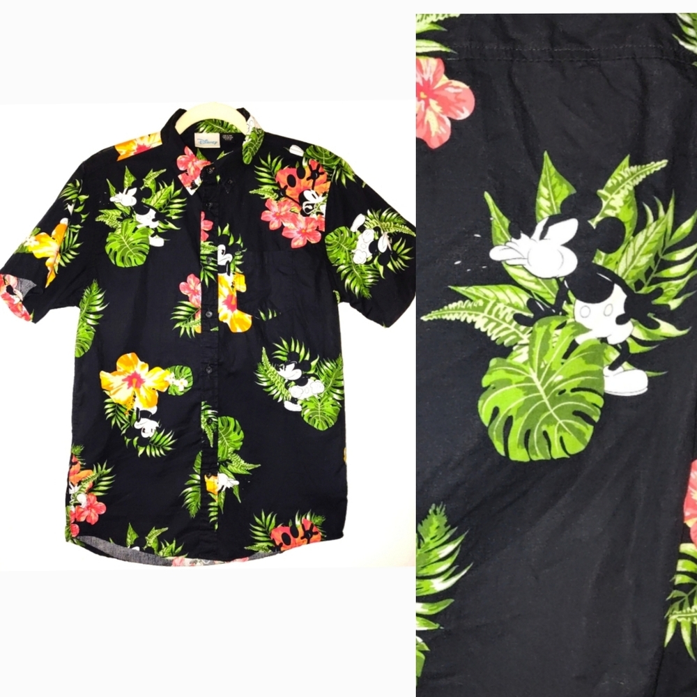 Vintage Disney Mickey Mouse Grumpy Hawaiian Hibiscus Button Down Shirt C…
